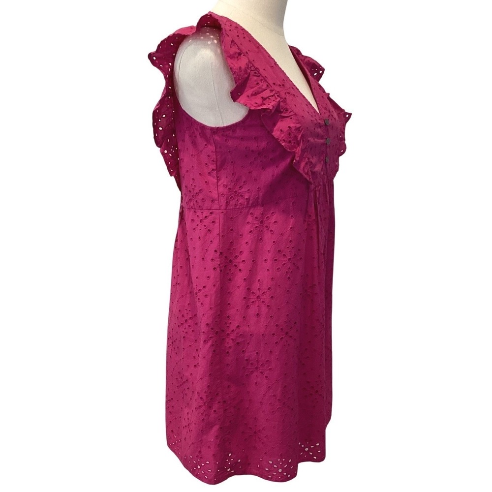 LOFT Raspberry Pink Eyelet Button Front Puff Sleeve Babydoll Mini Dress - XS/P - Picture 5 of 9